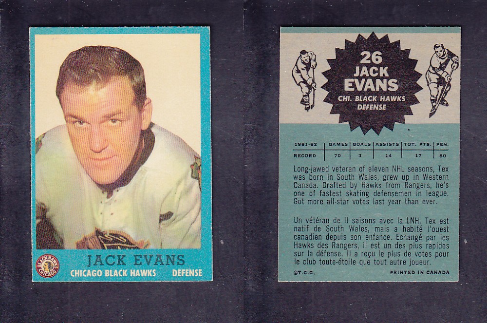 1962-63 TOPPS HOCKEY CARD #26 J. EVANS photo 1962-63 TOPPS HOCKEY CARD #26 J. EVANS photo