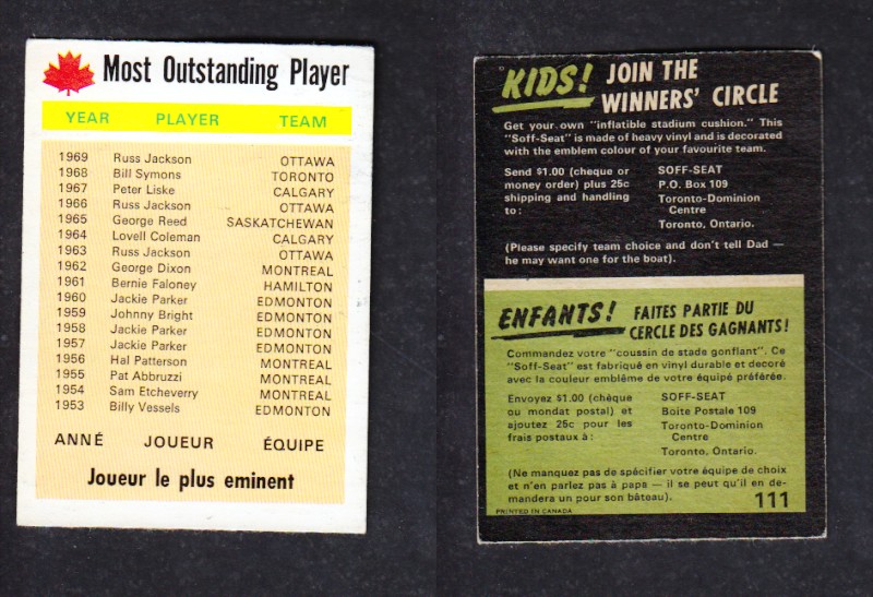 1970 CFL O-PEE-CHEE FOOTBALL CARD #111 MOST OUTSTANDING PLAYER photo 1970 CFL O-PEE-CHEE FOOTBALL CARD #111 MOST OUTSTANDING PLAYER photo