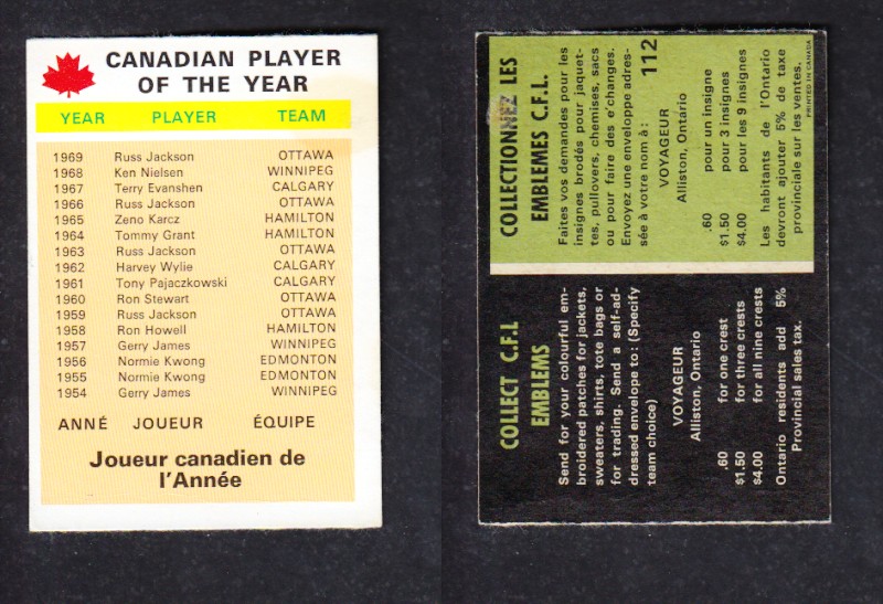 1970 CFL O-PEE-CHEE FOOTBALL CARD #112 CANADIAN PLAYER OF THE YEAR photo 1970 CFL O-PEE-CHEE FOOTBALL CARD #112 CANADIAN PLAYER OF THE YEAR photo