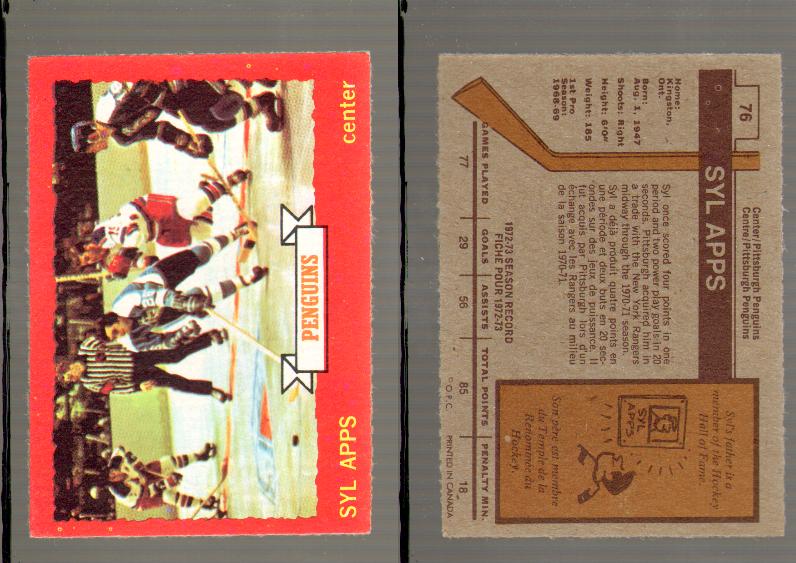 1973-74 O-PEE-CHEE CARD #76 S. APPS photo 1973-74 O-PEE-CHEE CARD #76 S. APPS photo