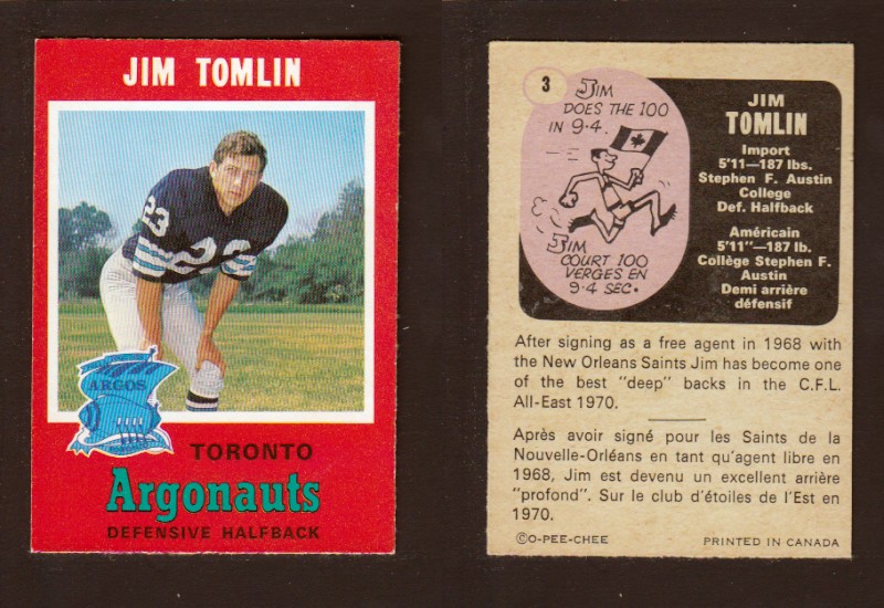 1971 CFL O-PEE-CHEE FOOTBALL CARD #3 J. TOMLIN photo