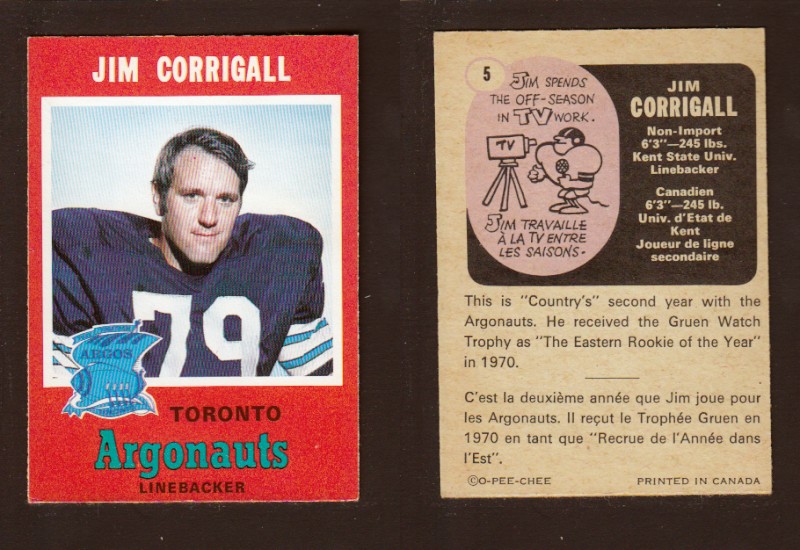 1971 CFL O-PEE-CHEE FOOTBALL CARD #5 J. CORRIGALL photo 1971 CFL O-PEE-CHEE FOOTBALL CARD #5 J. CORRIGALL photo