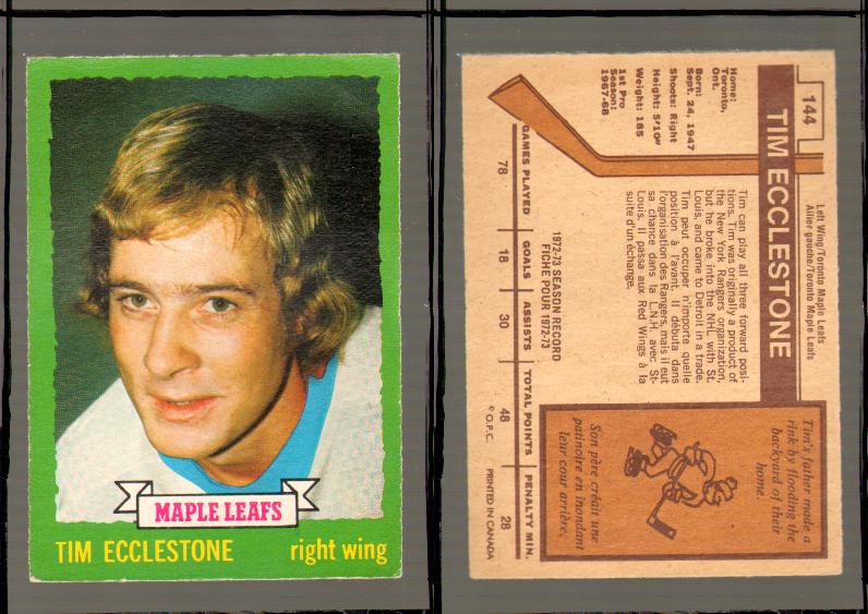 1973-74 O-PEE-CHEE CARD #144 T. ECCLESTONE photo 1973-74 O-PEE-CHEE CARD #144 T. ECCLESTONE photo