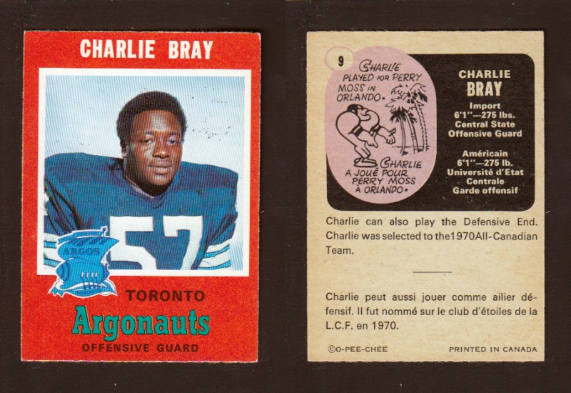 1971 CFL O-PEE-CHEE FOOTBALL CARD #9 C. BRAY photo 1971 CFL O-PEE-CHEE FOOTBALL CARD #9 C. BRAY photo