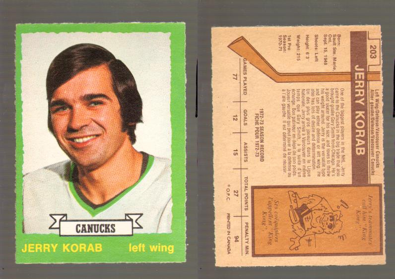 1973-74 O-PEE-CHEE CARD #203 J. KORAB photo 1973-74 O-PEE-CHEE CARD #203 J. KORAB photo