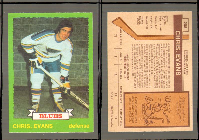 1973-74 O-PEE-CHEE CARD #208 C. EVANS photo 1973-74 O-PEE-CHEE CARD #208 C. EVANS photo
