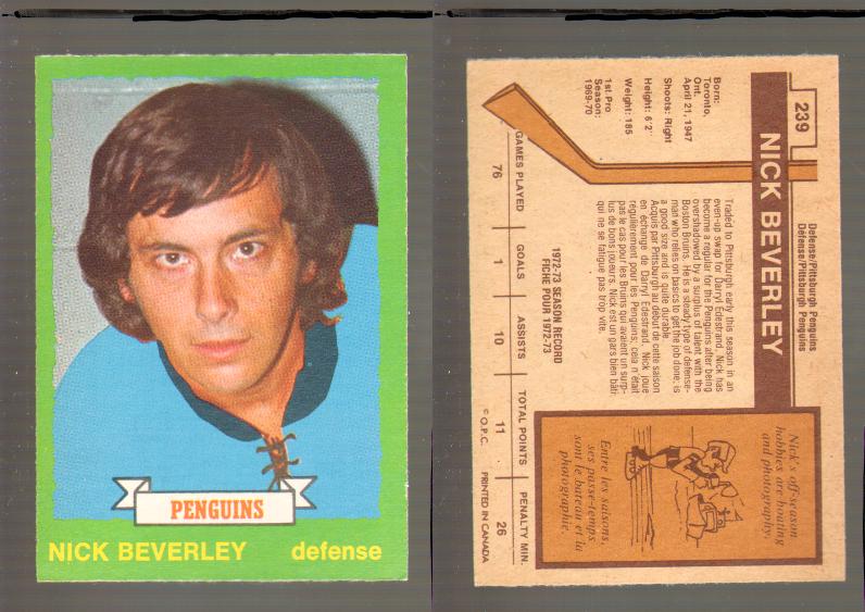1973-74 O-PEE-CHEE CARD #239 N. BEVERLEY photo 1973-74 O-PEE-CHEE CARD #239 N. BEVERLEY photo