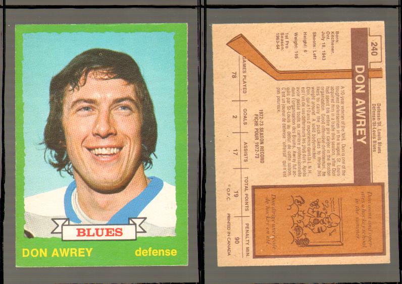 1973-74 O-PEE-CHEE CARD #240 D. AWREY photo 1973-74 O-PEE-CHEE CARD #240 D. AWREY photo