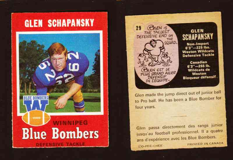 1971 CFL O-PEE-CHEE FOOTBALL CARD #29 G. SCHAPANSKY photo 1971 CFL O-PEE-CHEE FOOTBALL CARD #29 G. SCHAPANSKY photo