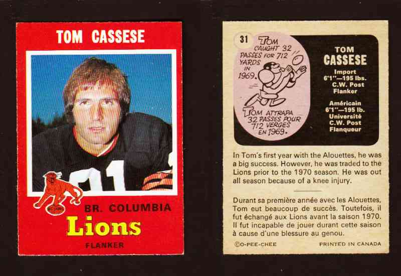 1971 CFL O-PEE-CHEE FOOTBALL CARD #31 T. CASSESE photo 1971 CFL O-PEE-CHEE FOOTBALL CARD #31 T. CASSESE photo