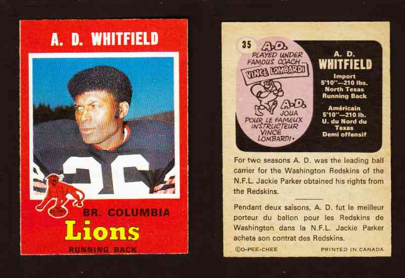 1971 CFL O-PEE-CHEE FOOTBALL CARD #35 A.D. WHITFIELD photo