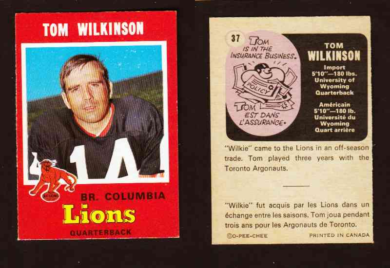 1971 CFL O-PEE-CHEE FOOTBALL CARD #37 T. WILKINSON photo 1971 CFL O-PEE-CHEE FOOTBALL CARD #37 T. WILKINSON photo
