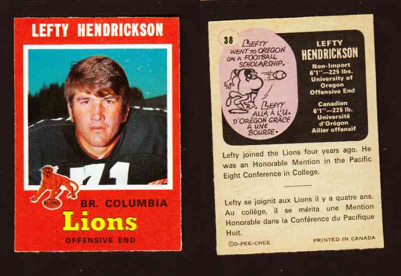 1971 CFL O-PEE-CHEE FOOTBALL CARD #38 L. HENDRICKSON photo 1971 CFL O-PEE-CHEE FOOTBALL CARD #38 L. HENDRICKSON photo