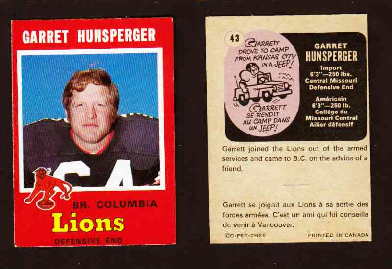 1971 CFL O-PEE-CHEE FOOTBALL CARD #43 G. HUNSPERGER photo 1971 CFL O-PEE-CHEE FOOTBALL CARD #43 G. HUNSPERGER photo