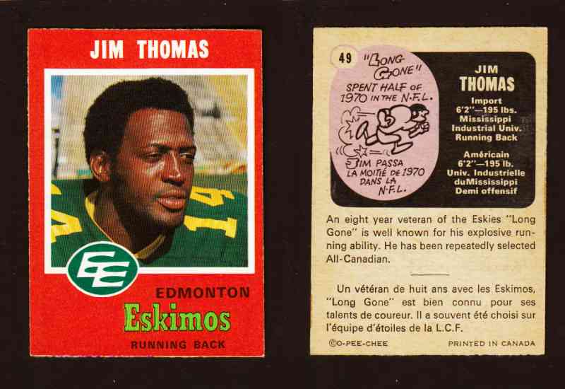 1971 CFL O-PEE-CHEE FOOTBALL CARD #49 J. THOMAS photo 1971 CFL O-PEE-CHEE FOOTBALL CARD #49 J. THOMAS photo