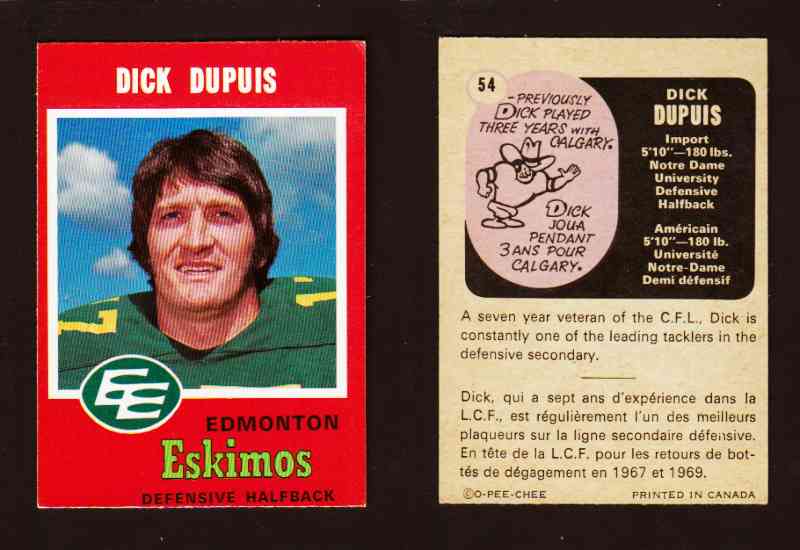 1971 CFL O-PEE-CHEE FOOTBALL CARD #54 D. DUPUIS photo 1971 CFL O-PEE-CHEE FOOTBALL CARD #54 D. DUPUIS photo