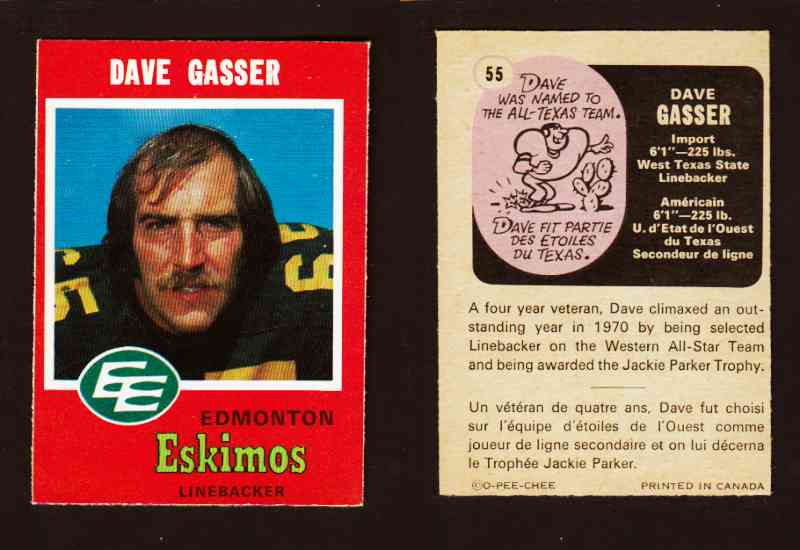 1971 CFL O-PEE-CHEE FOOTBALL CARD #55 D. GASSER photo 1971 CFL O-PEE-CHEE FOOTBALL CARD #55 D. GASSER photo