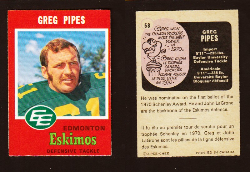 1971 CFL O-PEE-CHEE FOOTBALL CARD #58 G. PIPES photo 1971 CFL O-PEE-CHEE FOOTBALL CARD #58 G. PIPES photo