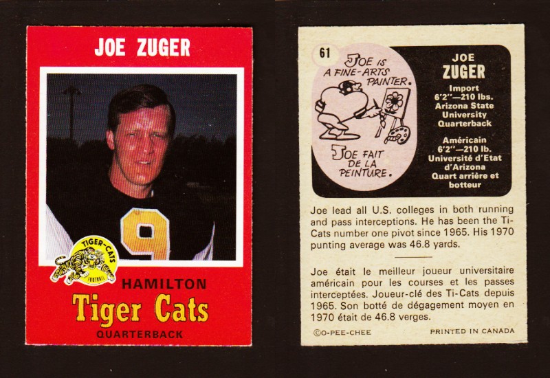 1971 CFL O-PEE-CHEE FOOTBALL CARD #61 J. ZUGER photo 1971 CFL O-PEE-CHEE FOOTBALL CARD #61 J. ZUGER photo