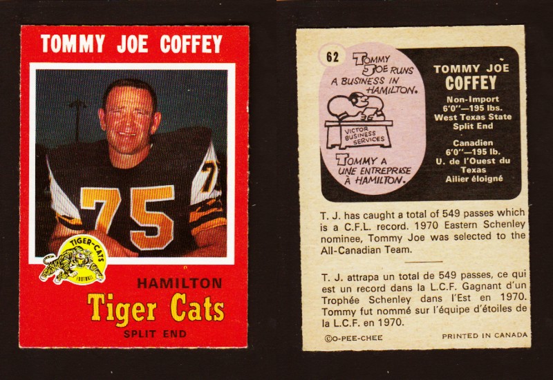 1971 CFL O-PEE-CHEE FOOTBALL CARD #62 T-J COFFEY photo 1971 CFL O-PEE-CHEE FOOTBALL CARD #62 T-J COFFEY photo