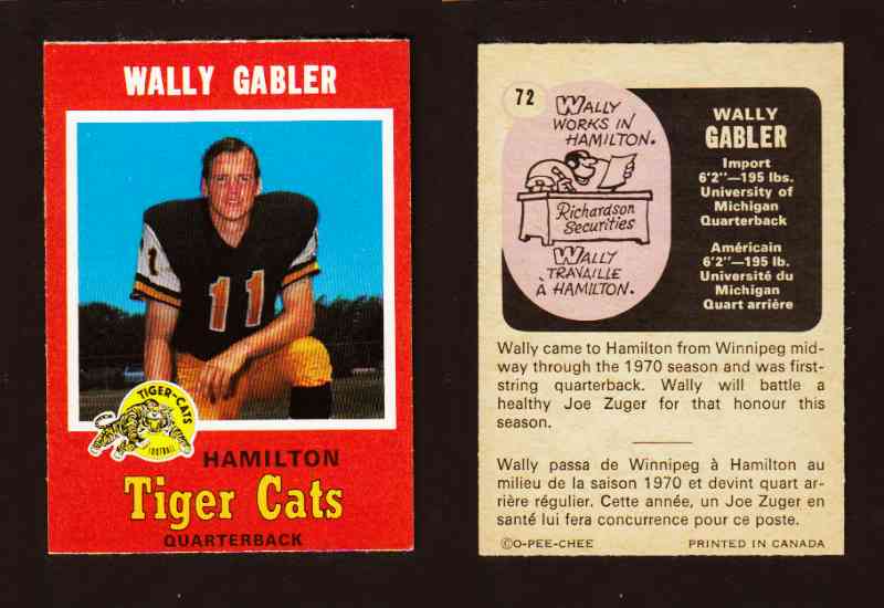 1971 CFL O-PEE-CHEE FOOTBALL CARD #72 W. GABLER photo