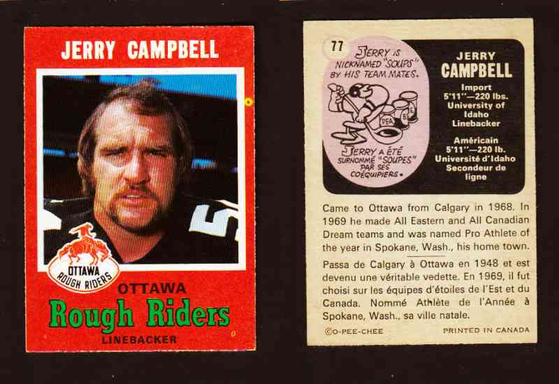1971 CFL O-PEE-CHEE FOOTBALL CARD #77 J. CAMPBELL photo 1971 CFL O-PEE-CHEE FOOTBALL CARD #77 J. CAMPBELL photo