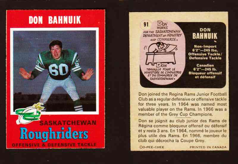 1971 CFL O-PEE-CHEE FOOTBALL CARD #91 D. BAHNUIK photo