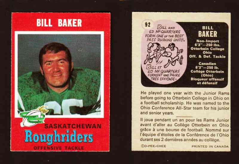 1971 CFL O-PEE-CHEE FOOTBALL CARD #92 B. BAKER photo