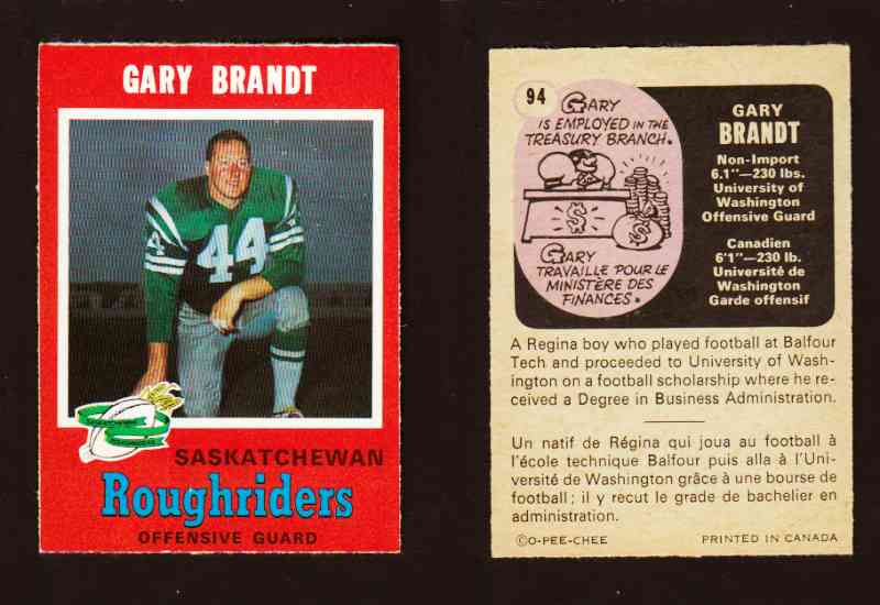 1971 CFL O-PEE-CHEE FOOTBALL CARD #94 G. BRANDT photo 1971 CFL O-PEE-CHEE FOOTBALL CARD #94 G. BRANDT photo