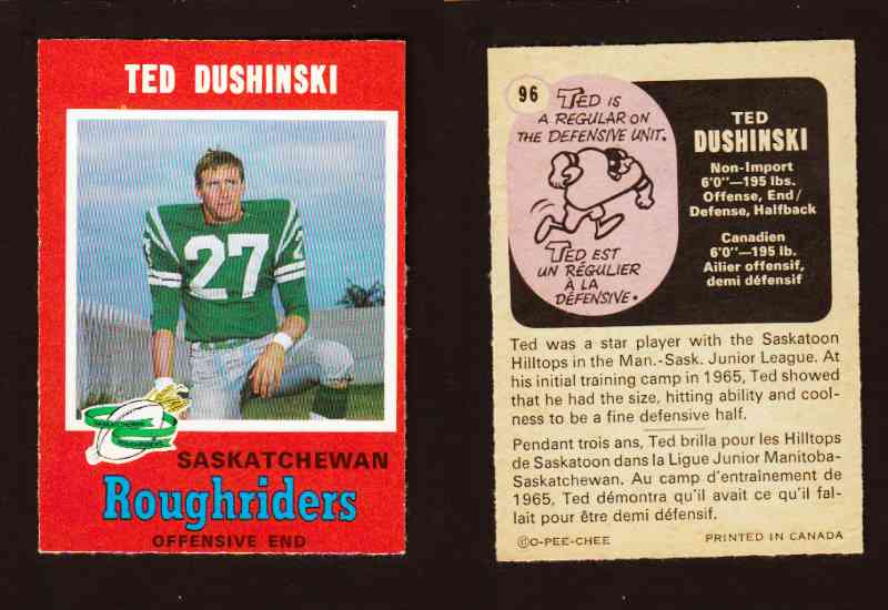 1971 CFL O-PEE-CHEE FOOTBALL CARD #96 T. DUSHINSKI photo 1971 CFL O-PEE-CHEE FOOTBALL CARD #96 T. DUSHINSKI photo