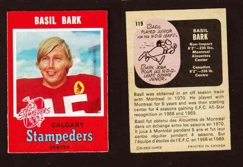 1971 CFL O-PEE-CHEE FOOTBALL CARD #119 B. BARK photo 1971 CFL O-PEE-CHEE FOOTBALL CARD #119 B. BARK photo