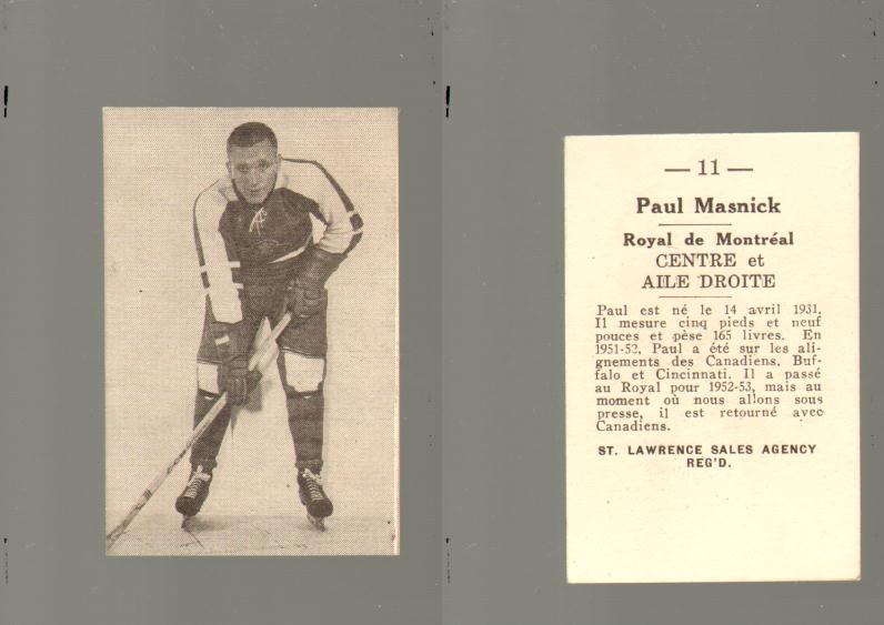 1952-53 ST. LAWRENCE SALES HOCKEY CARD #11 P. MASNICK photo 1952-53 ST. LAWRENCE SALES HOCKEY CARD #11 P. MASNICK photo