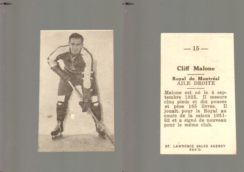 1952-53 ST. LAWRENCE SALES HOCKEY CARD #15 C. MALONE photo 1952-53 ST. LAWRENCE SALES HOCKEY CARD #15 C. MALONE photo