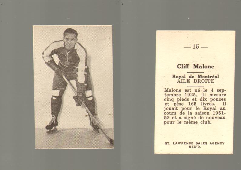 1952-53 ST. LAWRENCE SALES HOCKEY CARD #15 C. MALONE photo 1952-53 ST. LAWRENCE SALES HOCKEY CARD #15 C. MALONE photo