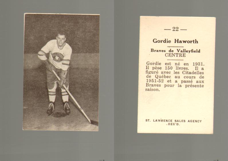 1952-53 ST. LAWRENCE SALES HOCKEY CARD #22 G. HAWORTH photo 1952-53 ST. LAWRENCE SALES HOCKEY CARD #22 G. HAWORTH photo