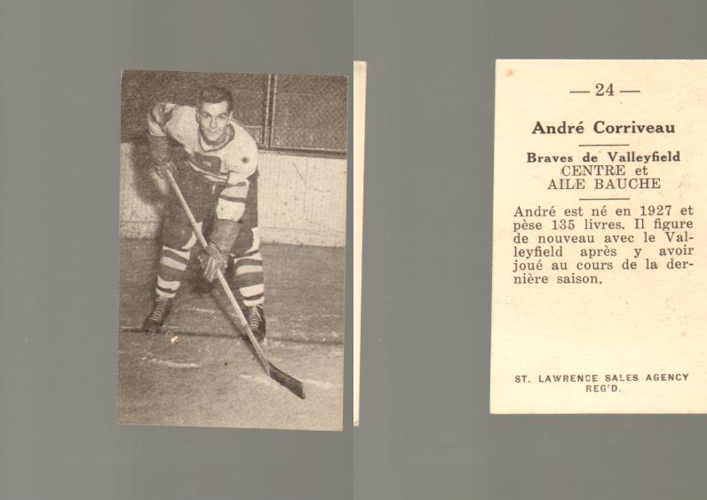 1952-53 ST. LAWRENCE SALES HOCKEY CARD #24 A. CORRIVEAU photo 1952-53 ST. LAWRENCE SALES HOCKEY CARD #24 A. CORRIVEAU photo