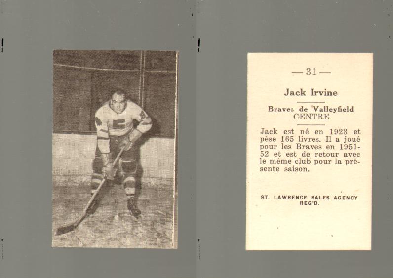 1952-53 ST. LAWRENCE SALES HOCKEY CARD #31 J. IRVINE photo 1952-53 ST. LAWRENCE SALES HOCKEY CARD #31 J. IRVINE photo