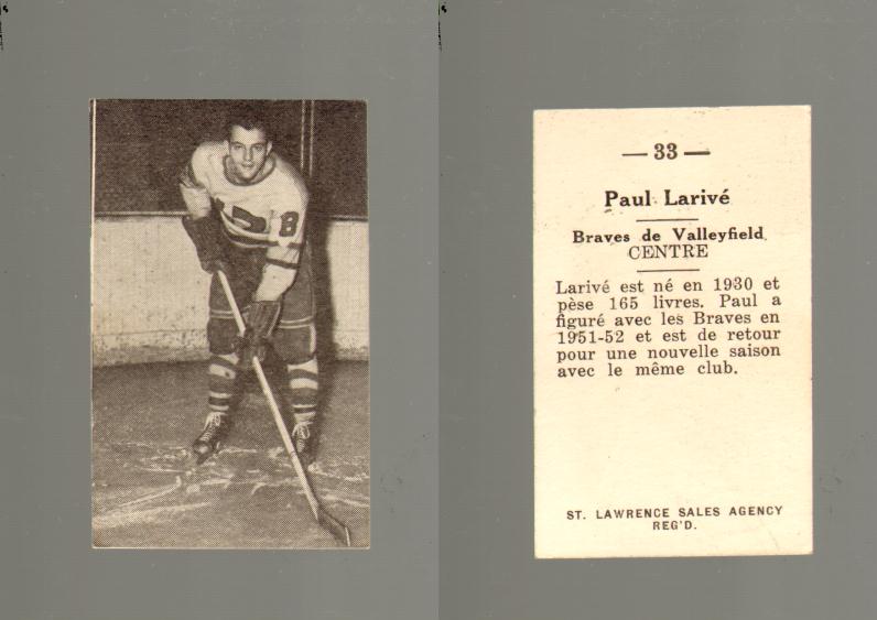 1952-53 ST. LAWRENCE SALES HOCKEY CARD #33 P. LARIVÉ photo 1952-53 ST. LAWRENCE SALES HOCKEY CARD #33 P. LARIVÉ photo