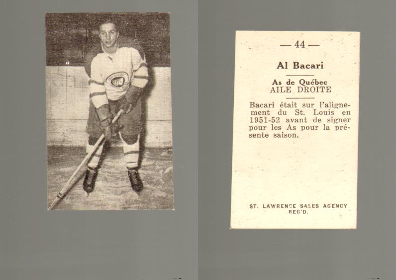 1952-53 ST. LAWRENCE SALES HOCKEY CARD #44 A. BACARI photo 1952-53 ST. LAWRENCE SALES HOCKEY CARD #44 A. BACARI photo
