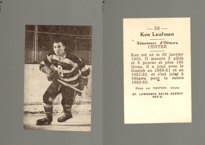 1952-53 ST. LAWRENCE SALES HOCKEY CARD #56 K. LAUFMAN photo 1952-53 ST. LAWRENCE SALES HOCKEY CARD #56 K. LAUFMAN photo