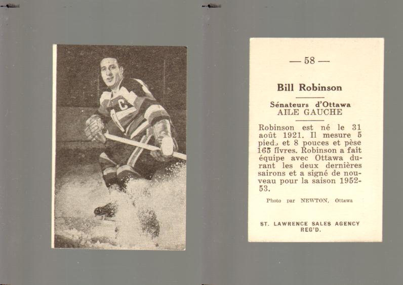 1952-53 ST. LAWRENCE SALES HOCKEY CARD #58 B. ROBINSON photo 1952-53 ST. LAWRENCE SALES HOCKEY CARD #58 B. ROBINSON photo