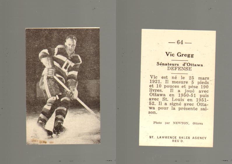 1952-53 ST. LAWRENCE SALES HOCKEY CARD #64 V. GREGG photo 1952-53 ST. LAWRENCE SALES HOCKEY CARD #64 V. GREGG photo