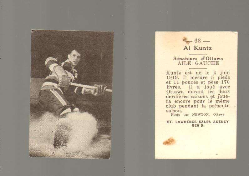 1952-53 ST. LAWRENCE SALES HOCKEY CARD #66 A. KUNTZ photo 1952-53 ST. LAWRENCE SALES HOCKEY CARD #66 A. KUNTZ photo