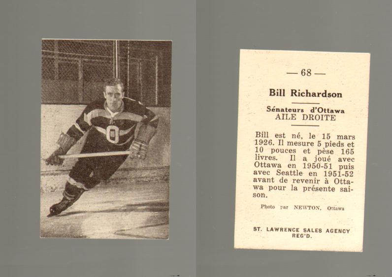1952-53 ST. LAWRENCE SALES HOCKEY CARD #68 B. RICHARDSON photo 1952-53 ST. LAWRENCE SALES HOCKEY CARD #68 B. RICHARDSON photo