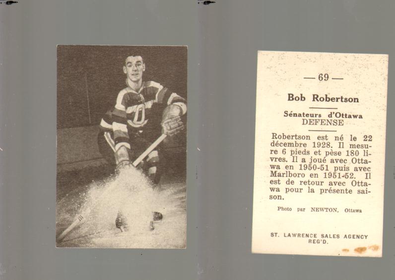 1952-53 ST. LAWRENCE SALES HOCKEY CARD #69 B. ROBERTSON photo 1952-53 ST. LAWRENCE SALES HOCKEY CARD #69 B. ROBERTSON photo
