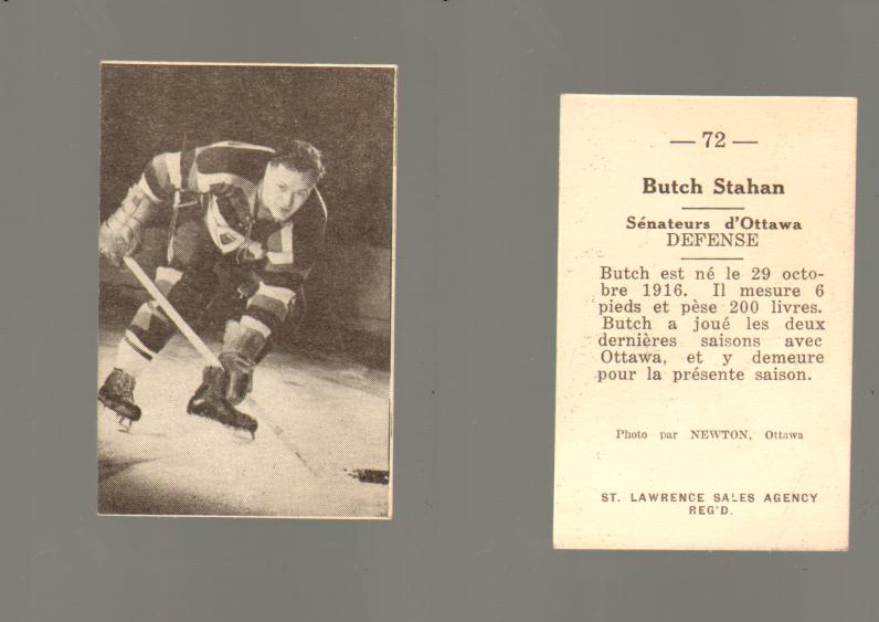 1952-53 ST. LAWRENCE SALES HOCKEY CARD #72 B. STAHAN photo 1952-53 ST. LAWRENCE SALES HOCKEY CARD #72 B. STAHAN photo