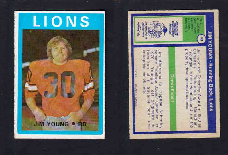 1972 CFL O-PEE-CHEE FOOTBALL CARD #40 J. YOUNG photo 1972 CFL O-PEE-CHEE FOOTBALL CARD #40 J. YOUNG photo