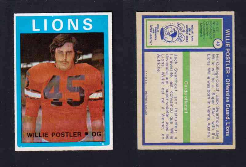 1972 CFL O-PEE-CHEE FOOTBALL CARD #43 W. POSTLER photo 1972 CFL O-PEE-CHEE FOOTBALL CARD #43 W. POSTLER photo