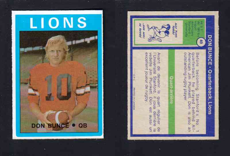1972 CFL O-PEE-CHEE FOOTBALL CARD #49 D. BUNCE photo 1972 CFL O-PEE-CHEE FOOTBALL CARD #49 D. BUNCE photo