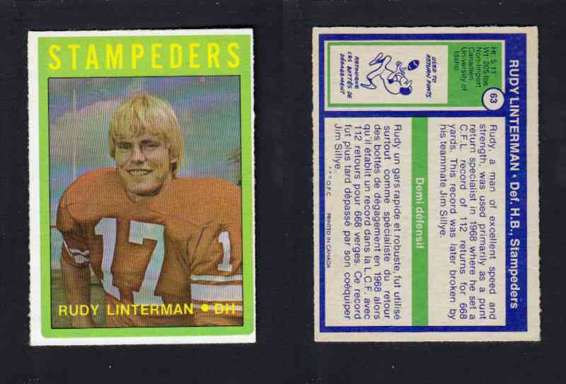 1972 CFL O-PEE-CHEE FOOTBALL CARD #63 R. LINTERMAN photo 1972 CFL O-PEE-CHEE FOOTBALL CARD #63 R. LINTERMAN photo